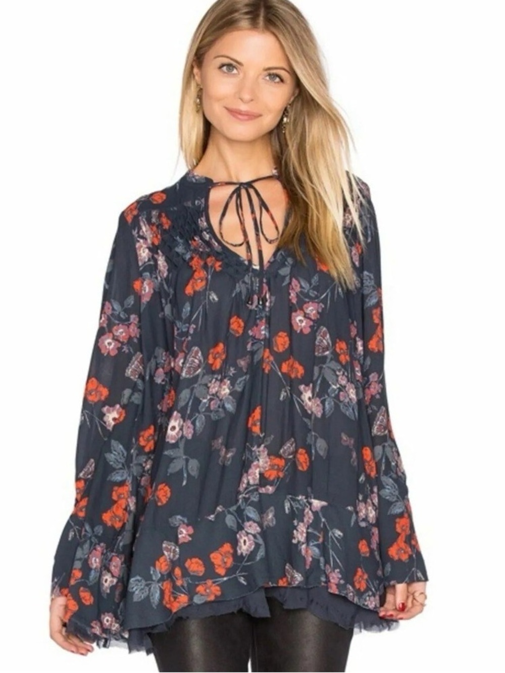 FREE PEOPLE So Fine Smocked Boho Tunic Floral Print